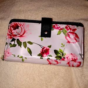 White with Pink Roses Wallet with Wristlet